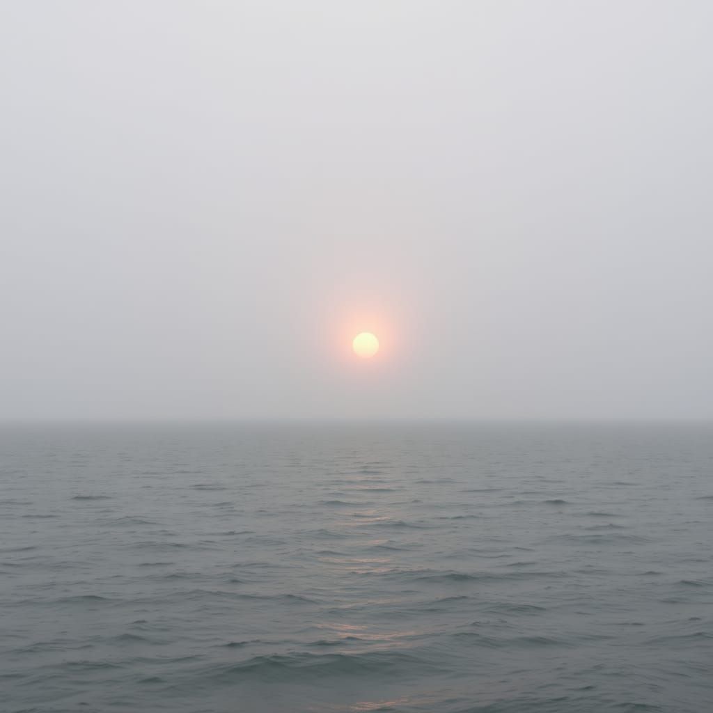 Pale Sun Sinking Over Calm Greenish Sea