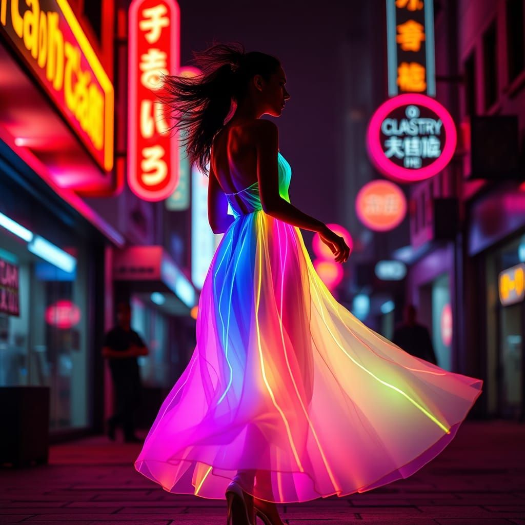 Fluorescent Woman Dancing in Futuristic Cityscape