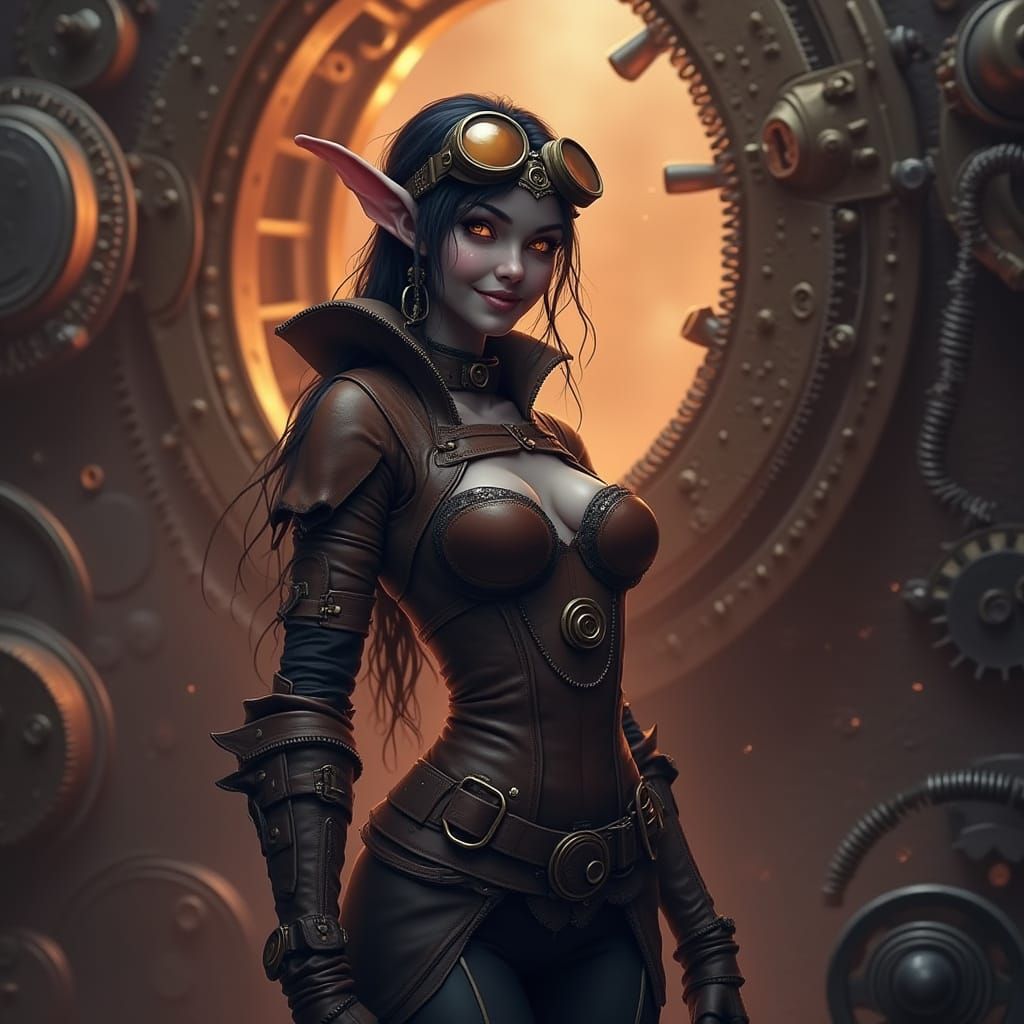 Steampunk Drow Elf with Intricate Engine Backdrop