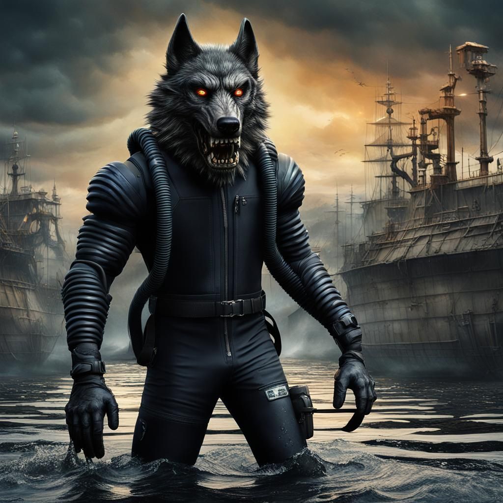 Werewolf Scuba Diver in Rubber Wetsuit: Detailed Digital Art