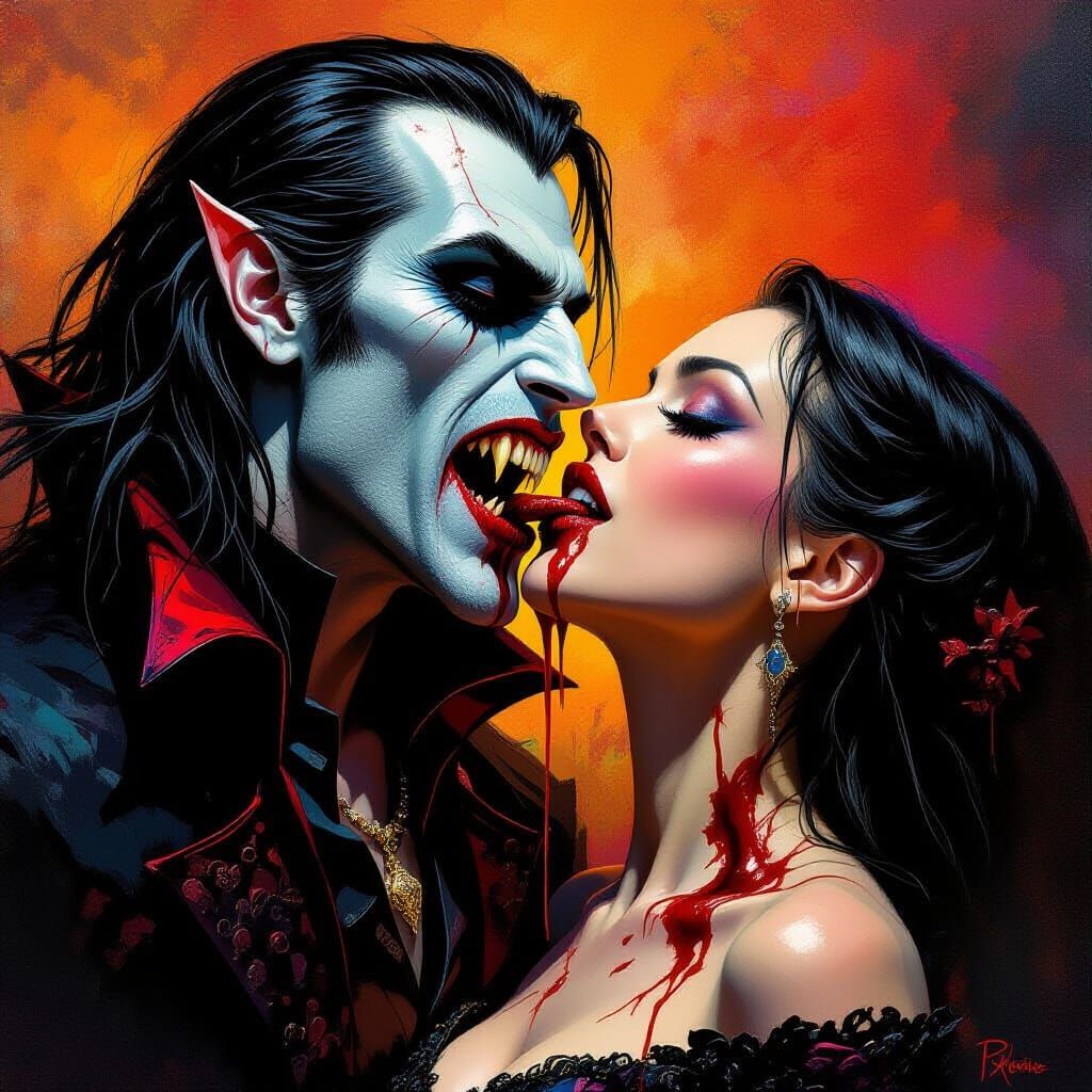 Vampire Drinking Blood, Hyperrealistic Splash Art