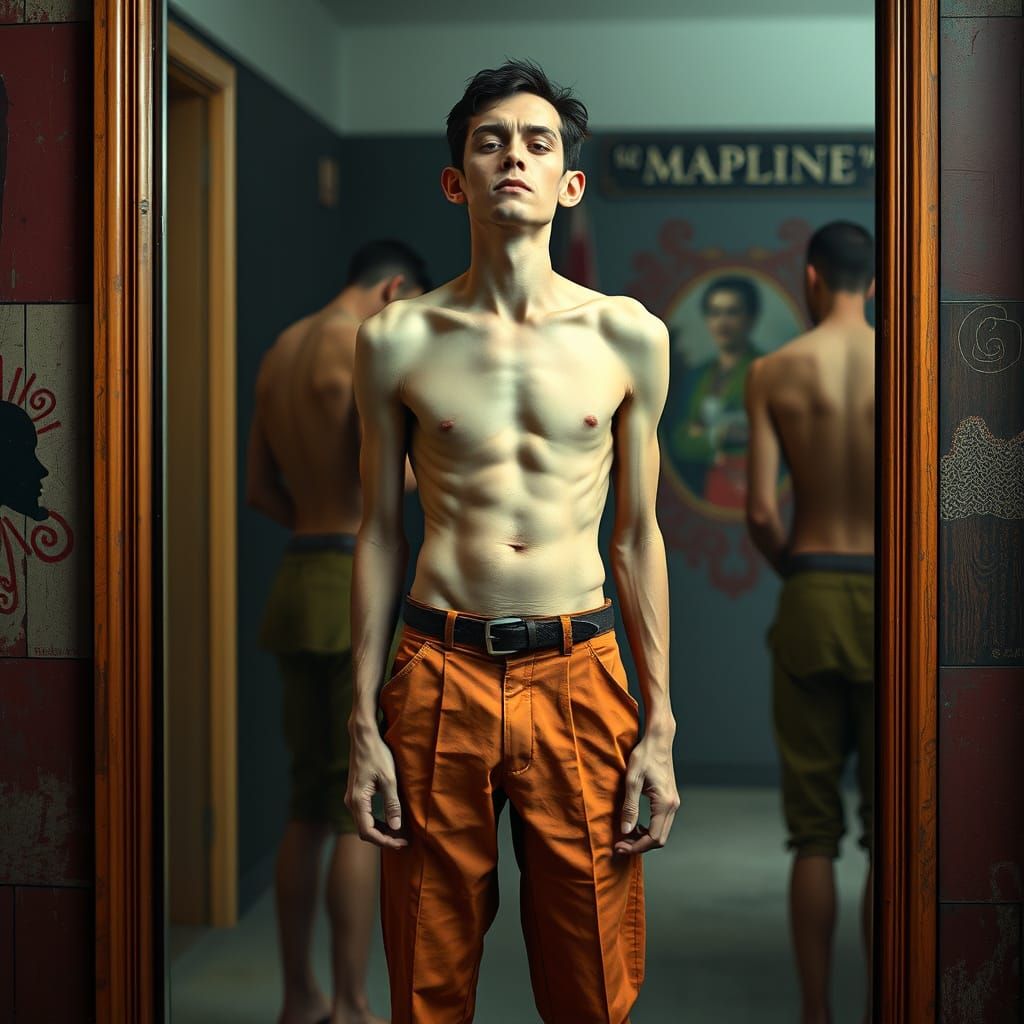 Emaciated Man Reflecting: Expressive Art Style