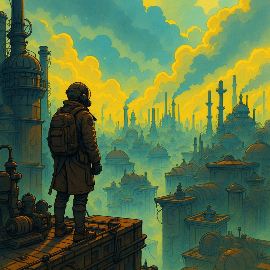 Steampunk Traveler on Rooftop Overlooking Industrial City