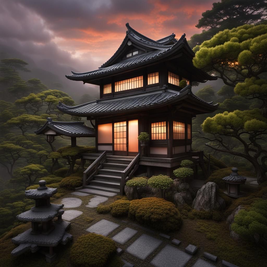Mysterious Japanese House and Garden at Dawn