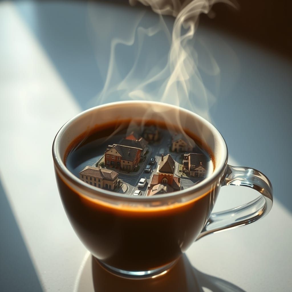 Coffee Cup City: A Surreal Double-Exposure Dreamscape