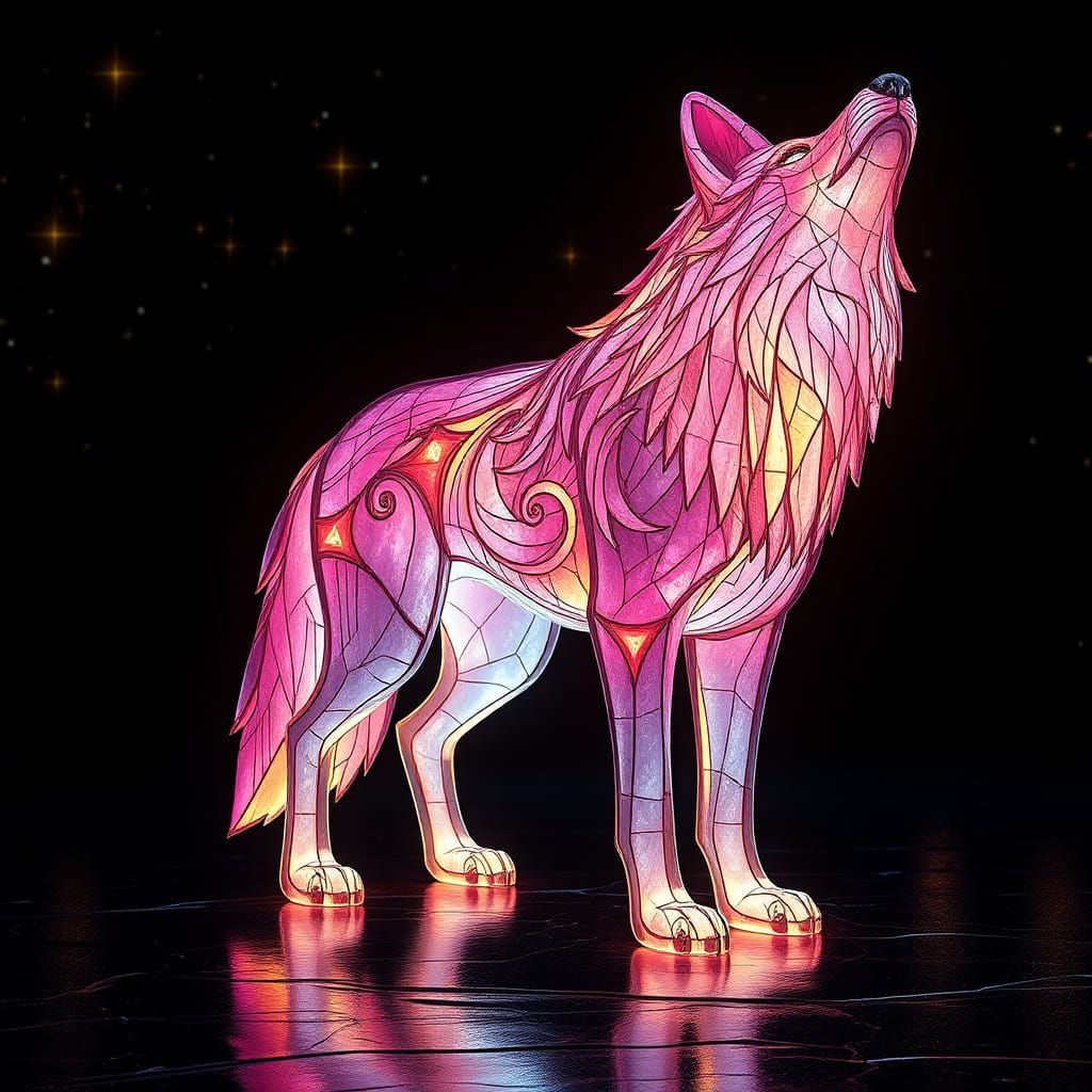 Glowing Stained Glass Wolf on Starry Black Floor