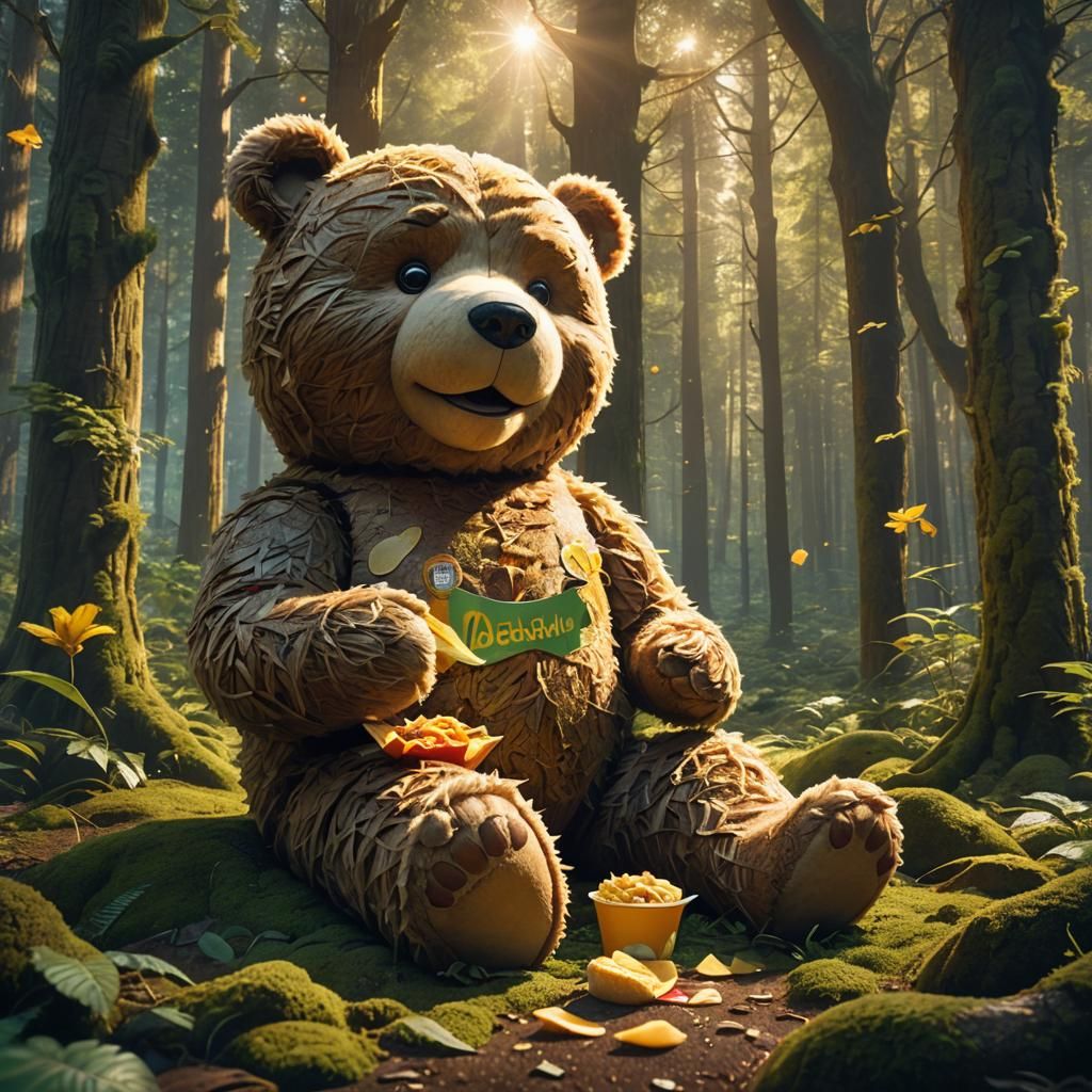 Giant Teddy Bear in Enchanted Forest