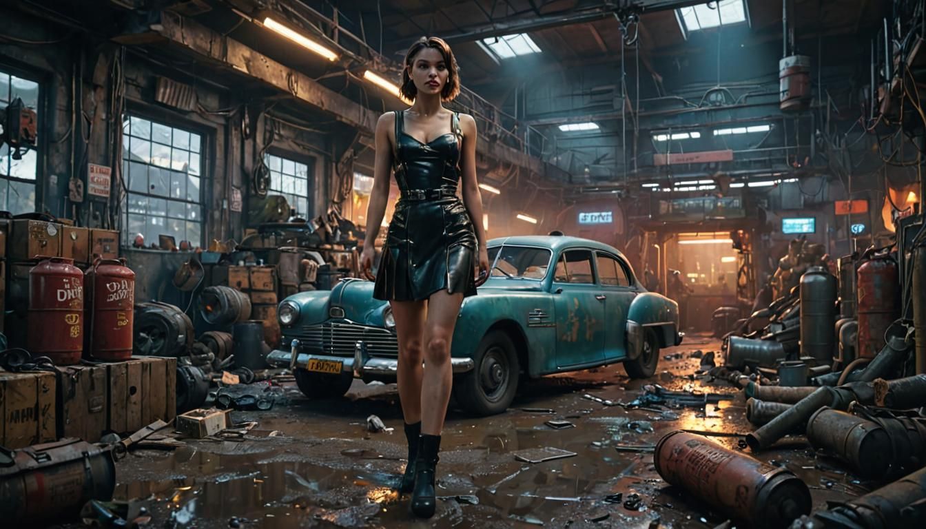 Dieselpunk Girl in 1940s Industrial Workshop Interior