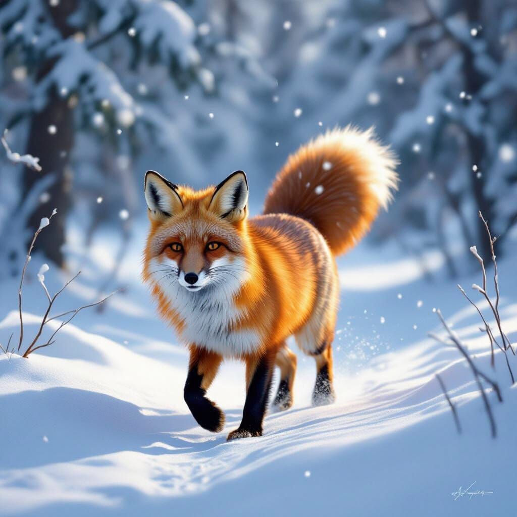 Red Fox Trotting Through Snowy Forest