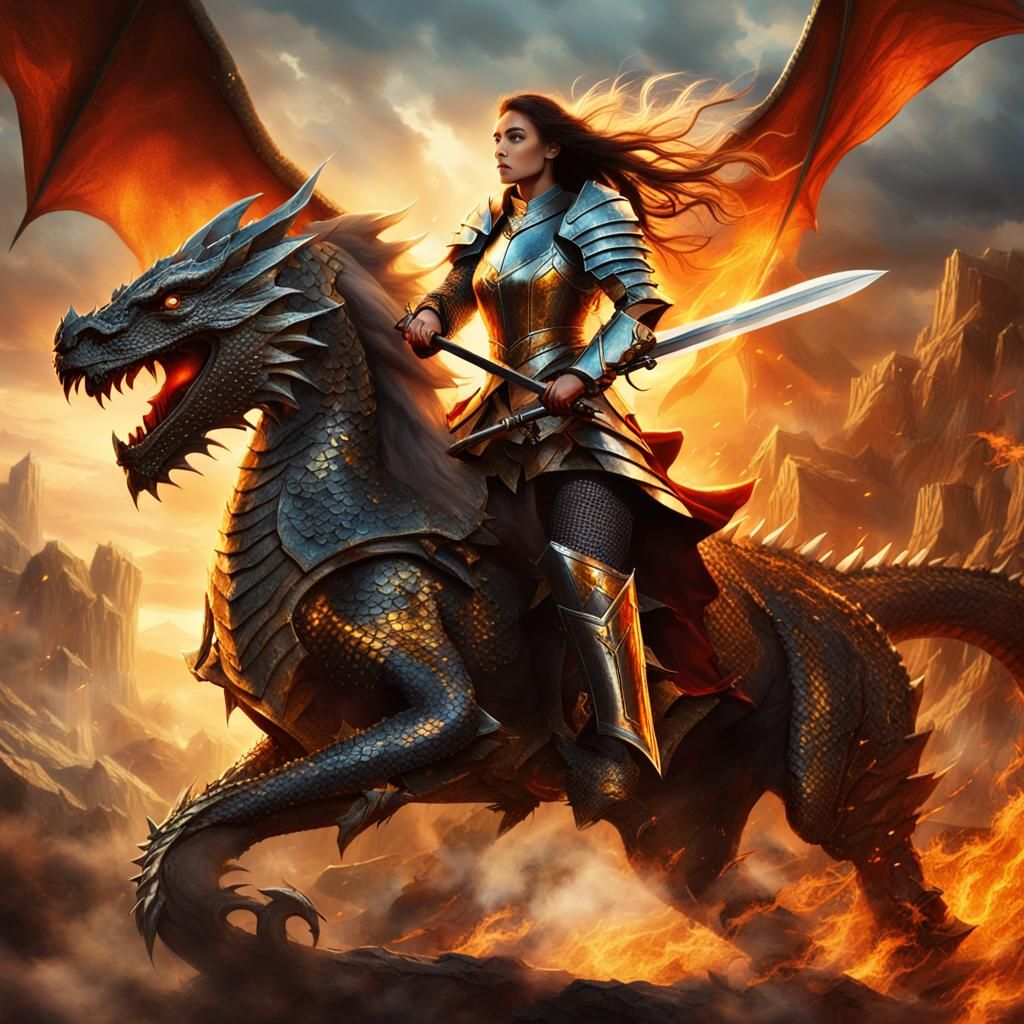 Knight on Dragon in Medieval Battlefield