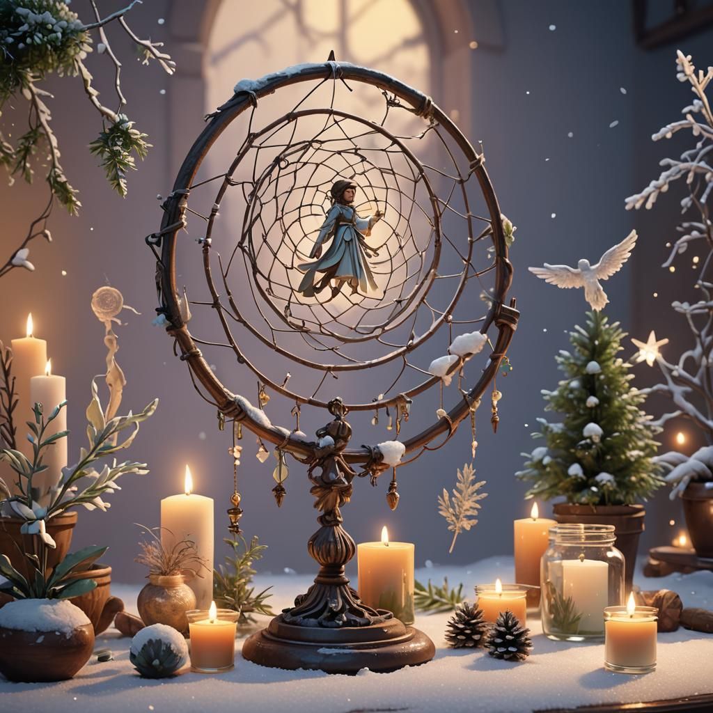 Dreamcatcher, jar of herbs, jar of snow, candle, wand, Angel statue,