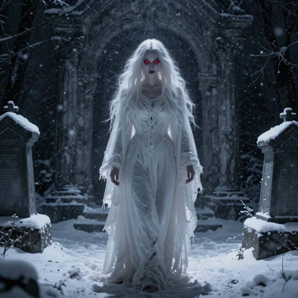 Spectral Figure Emerges from Gothic Mausoleum in Snow