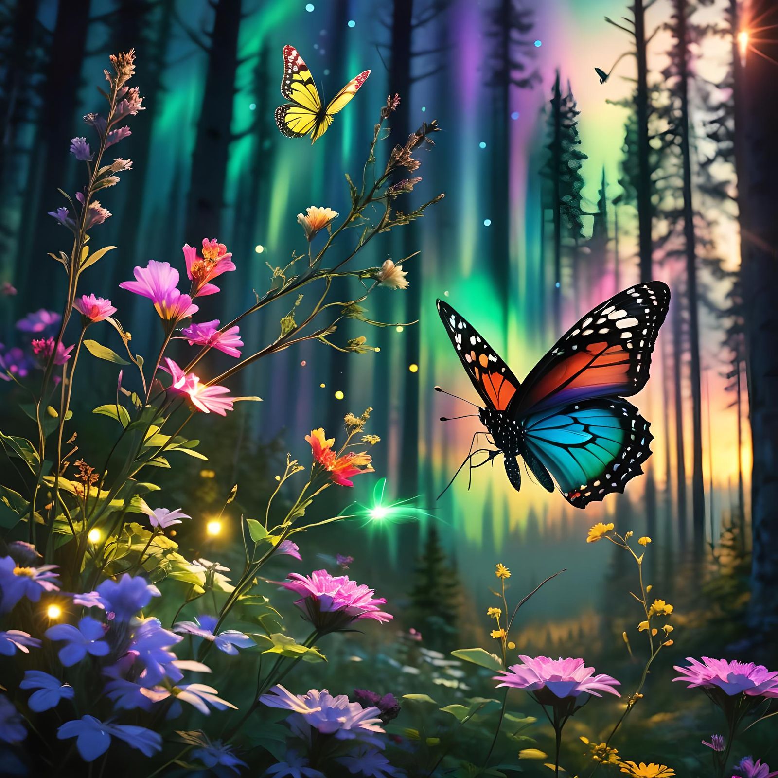 Butterfly, Aurora, Sunset: Colorful Forest Lights