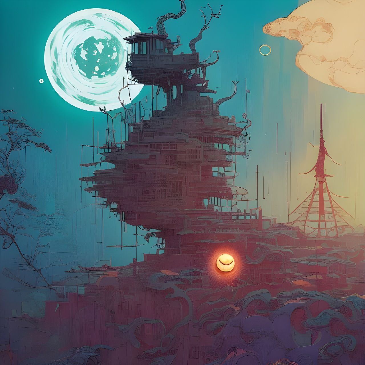Surreal Landscape with Sun and Moon