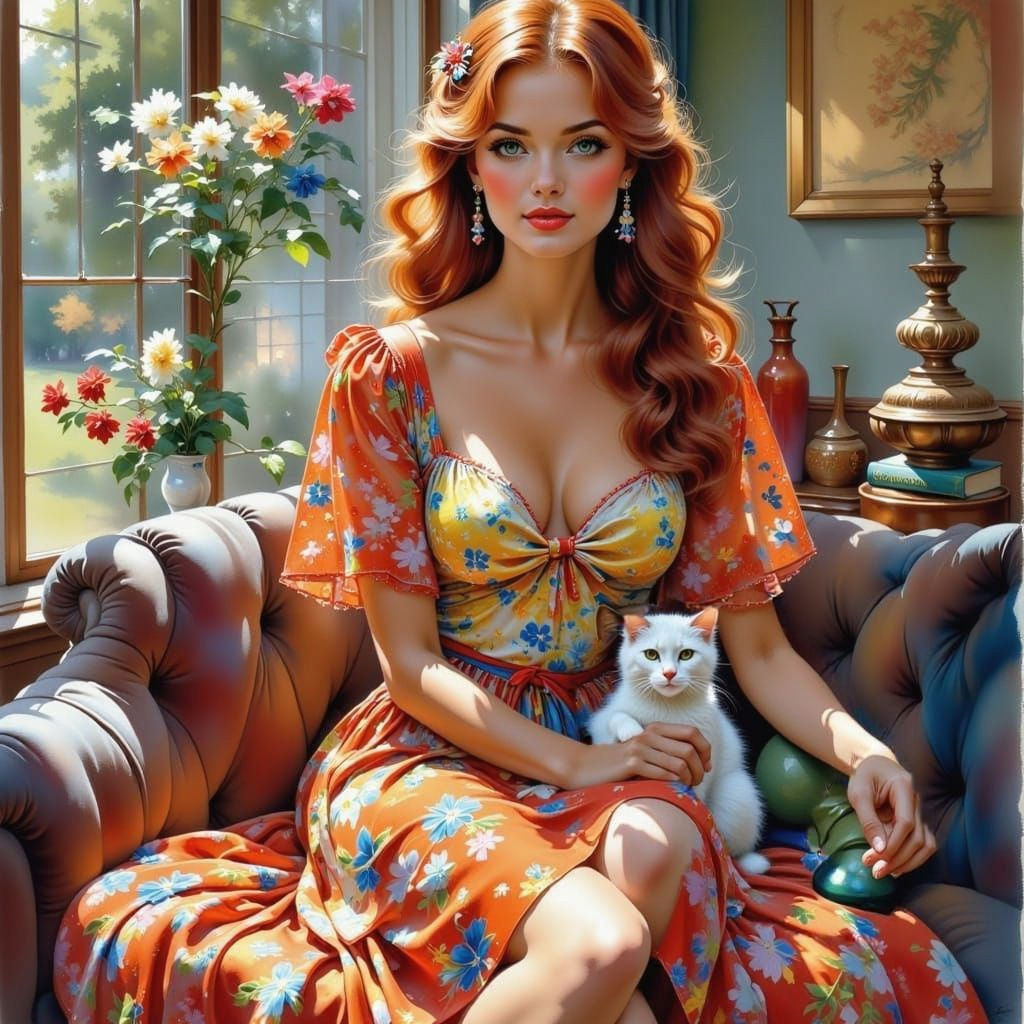 Woman and Cat on Couch, Impressionist Style