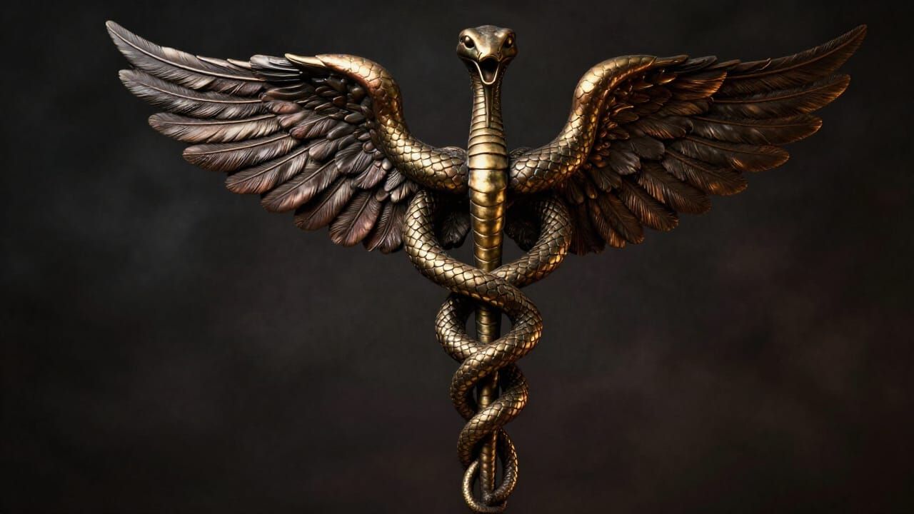 The Caduceus medical symbol - two serpents intertwined around a winged staff, bronze and gold metallic texture against dark background