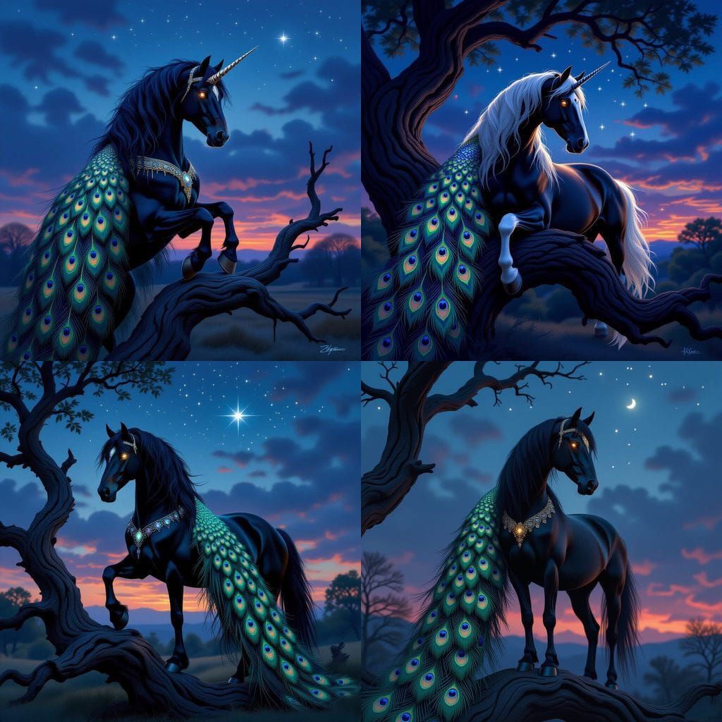 Majestic Stallion in Peacock Cloak at Twilight