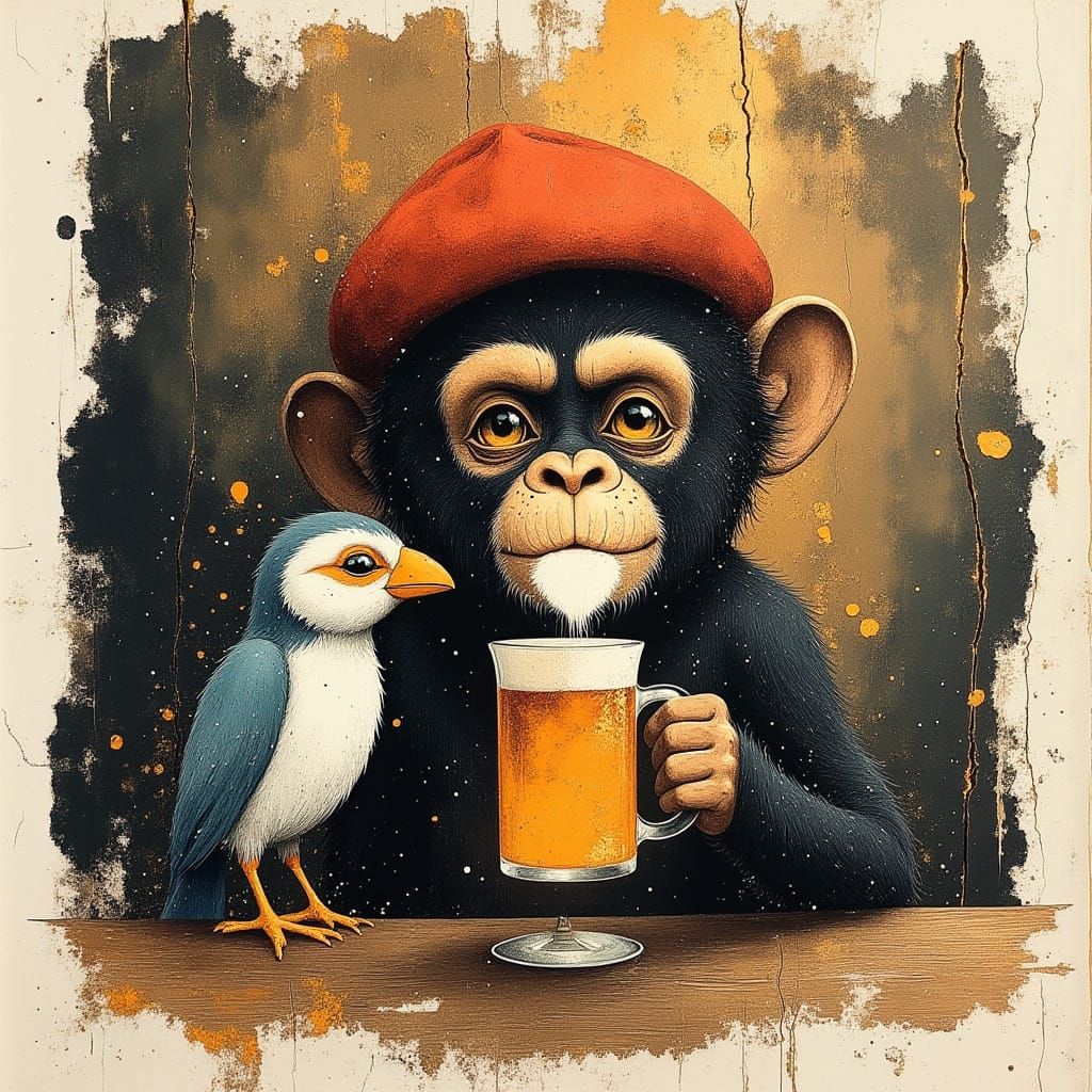 Chimpanzee and Bird in German Tavern, Dürer Style