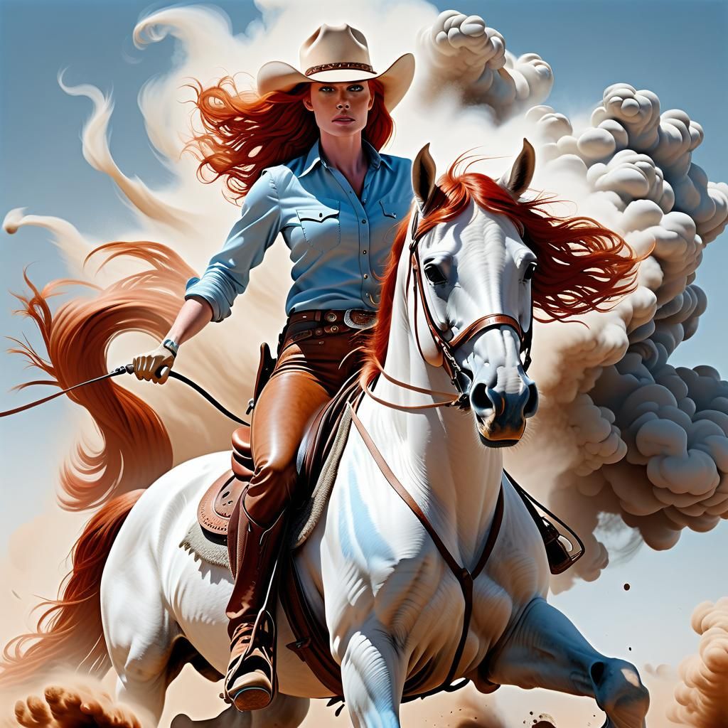 Red-Haired Cowgirl Rides Charging White Horse
