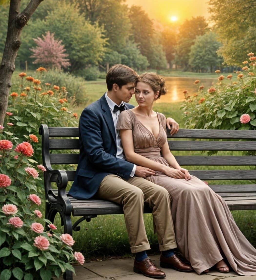French Vintage Romance: Lovers on a Park Bench
