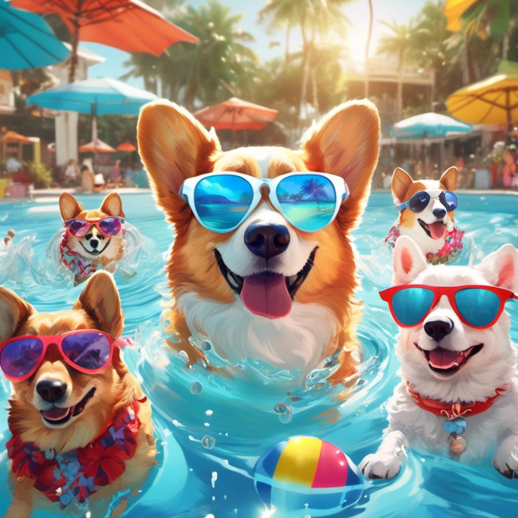 Corgi at Groovy Pool Party in 3D Anime Style