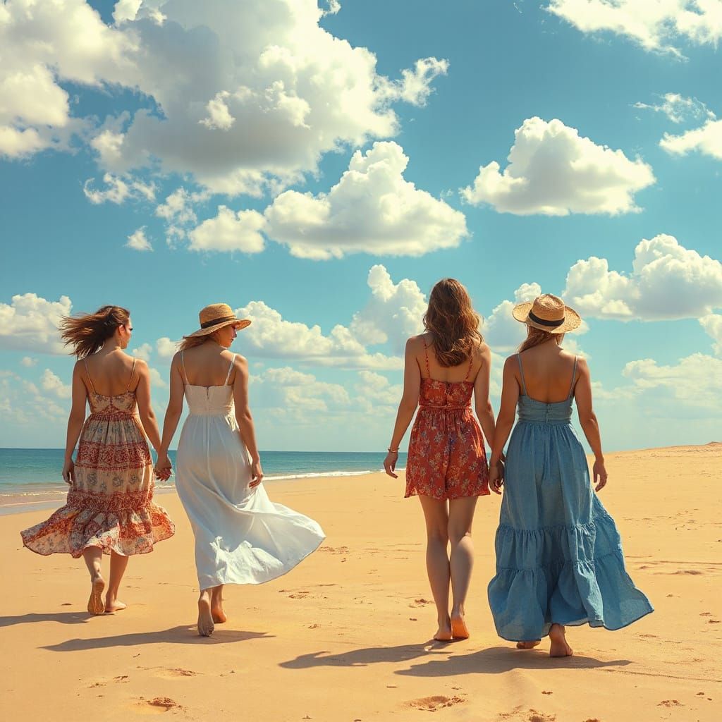 Women on a Golden Beach in Whimsical Art Style