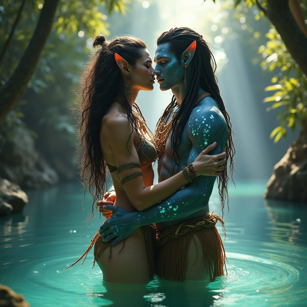 Na'vi Couple Embracing in Pandora's Serene Water Pool