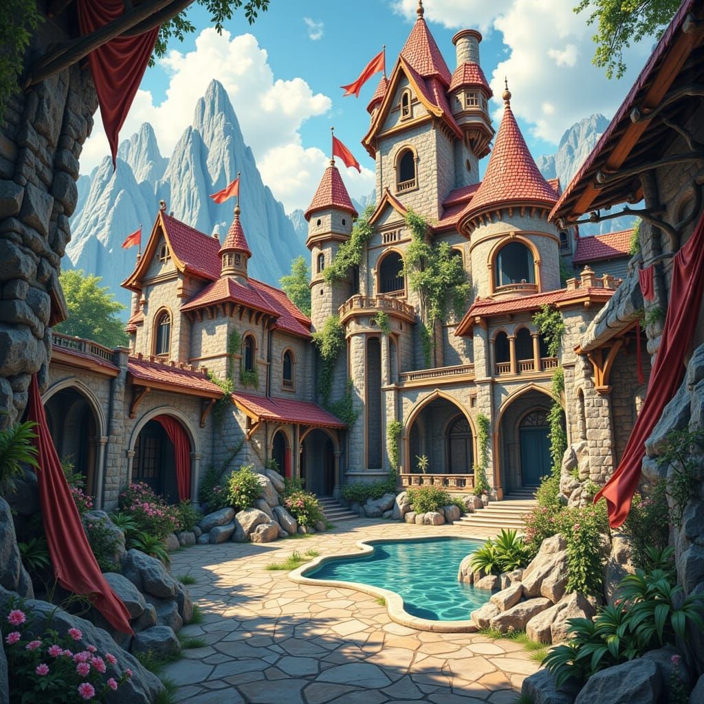 Fantasy Castle Courtyard with Glowing Lights