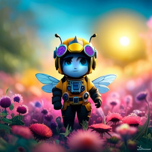 Chibi Bumblebee Explorer in Flower Field, Matte Painting