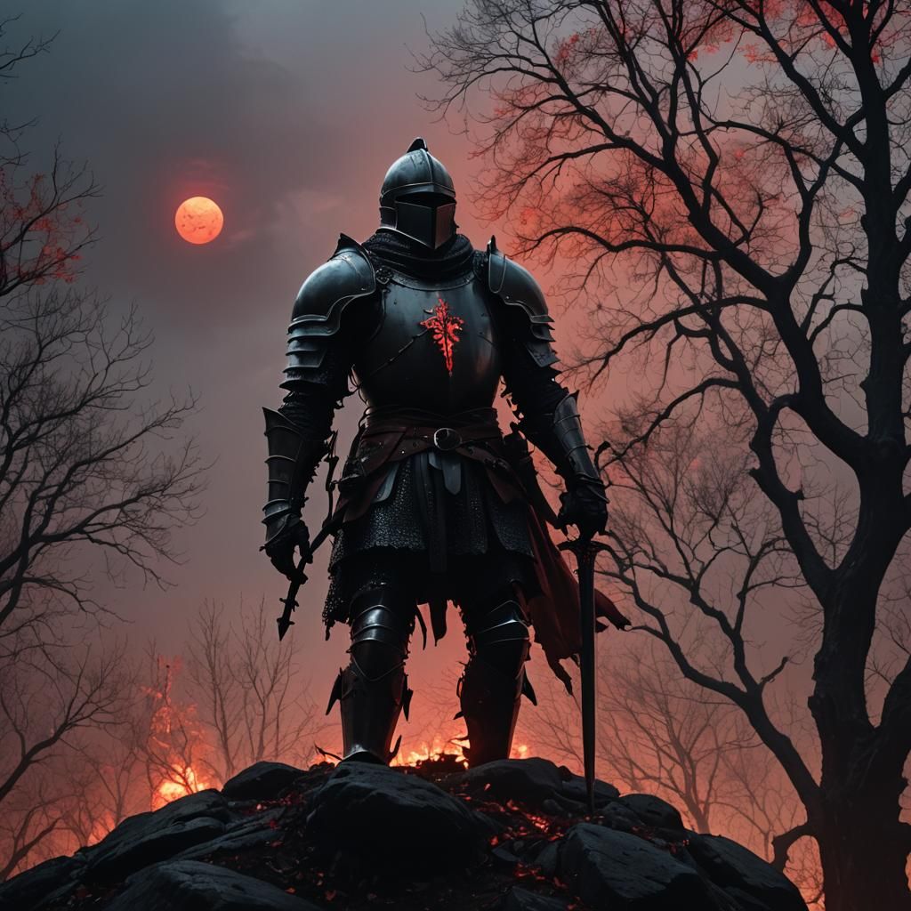 Ominous Knight in Dark Fantasy Landscape