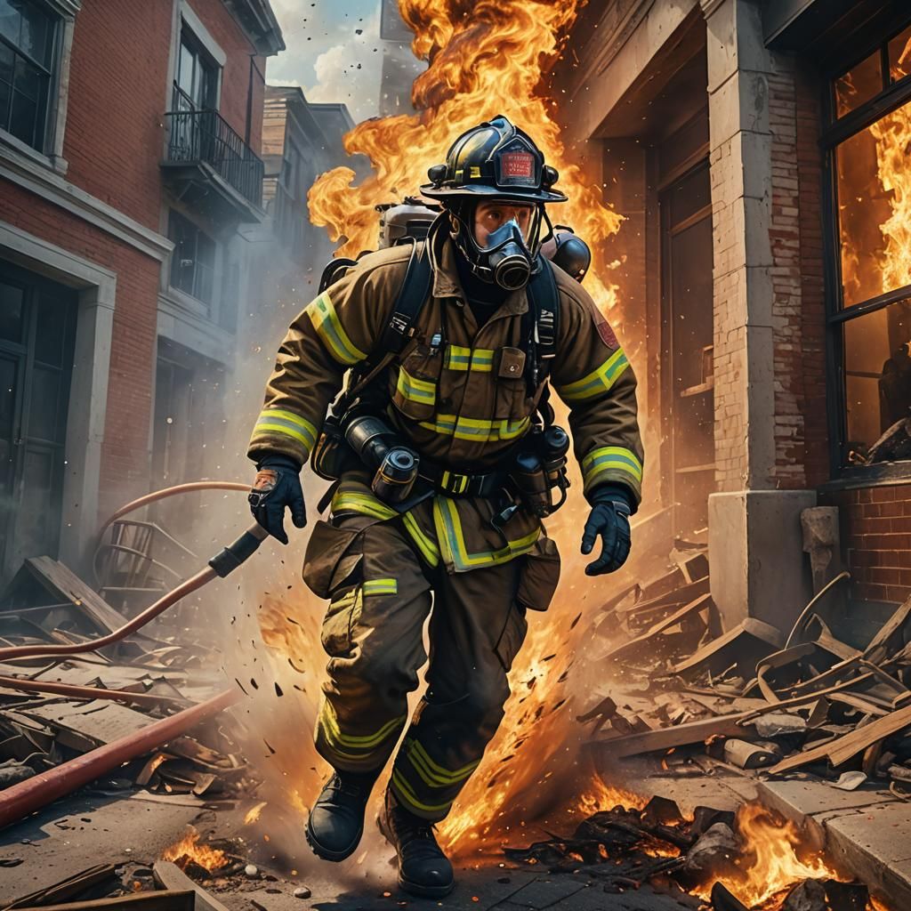 firefighter escaping from burning building