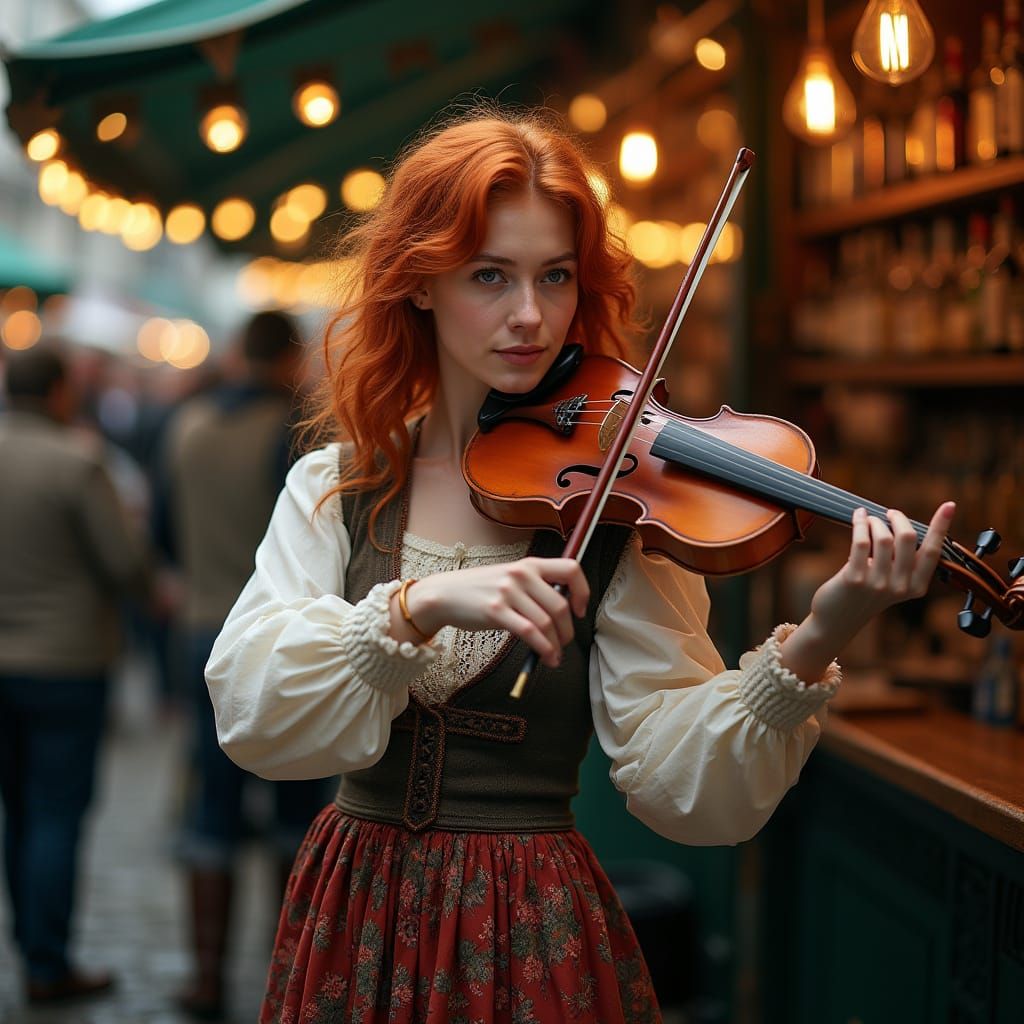 Red-Haired Woman Plays Violin in Irish Market