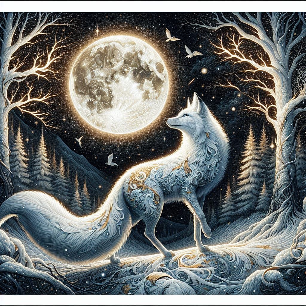 Ethereal White Fox in Moonlit Forest: Art Nouveau Style
