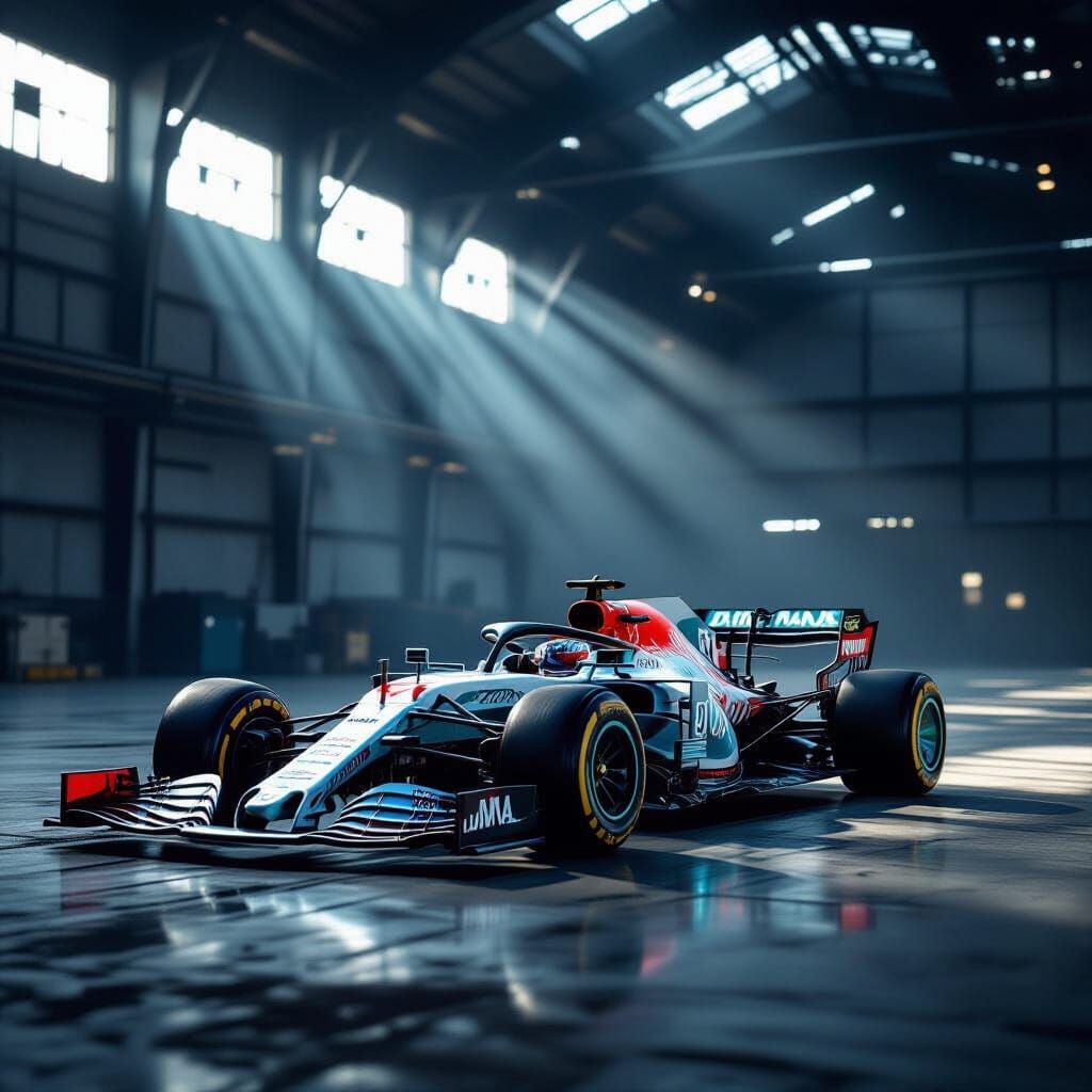 Gleaming F1 Car in Abandoned Hangar with Tribal Etchings