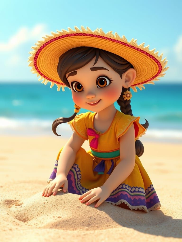 3D Cartoon Girl Playing on Beach in Mexican Dress