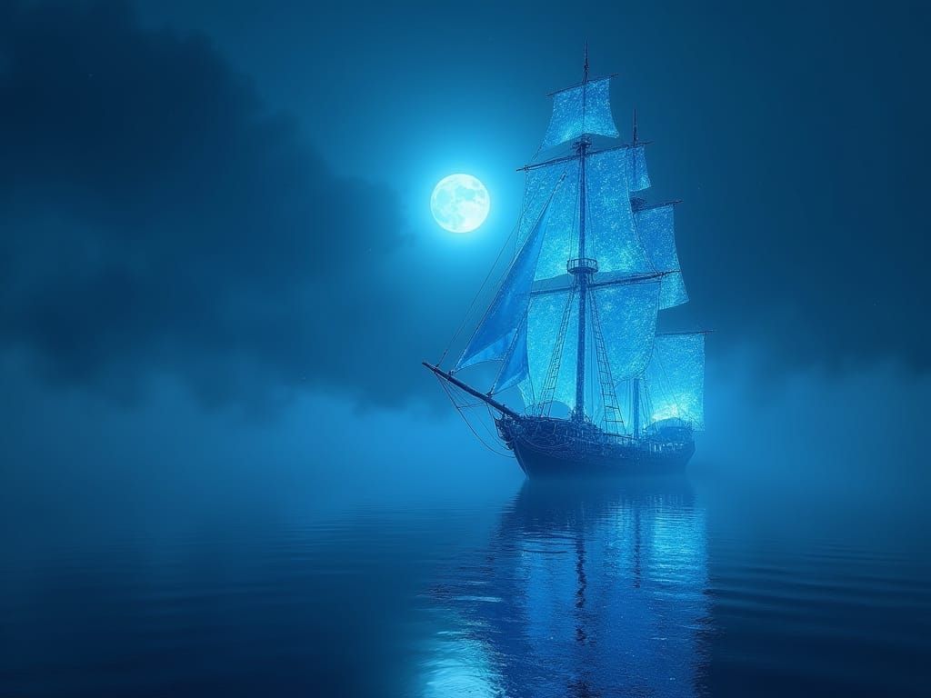 Blue Glowing Sailing Ship on Foggy Moonlight Night