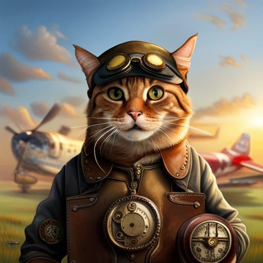 Steampunk Tabby Cat Pilot with Airplane