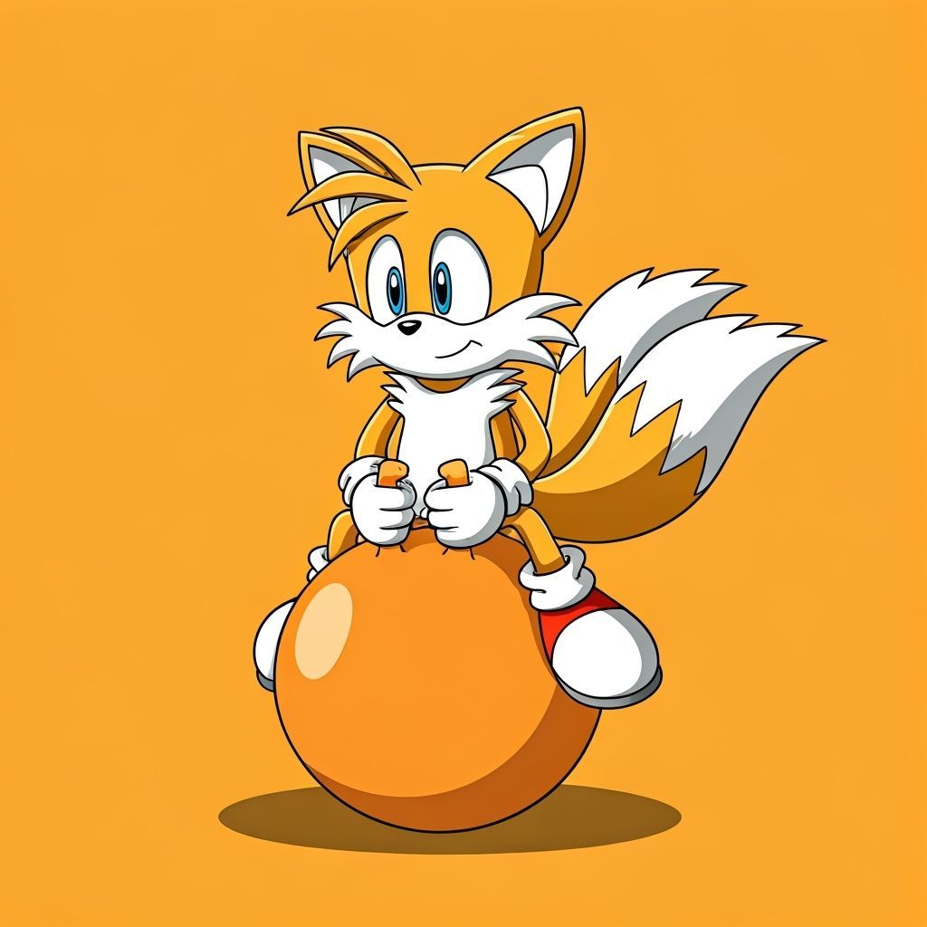 Tails Bounces on Orange Hopper Ball in Cartoon Style