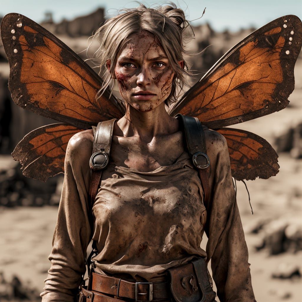 Post-Apocalyptic Scavenger Fairy in Barren Wasteland