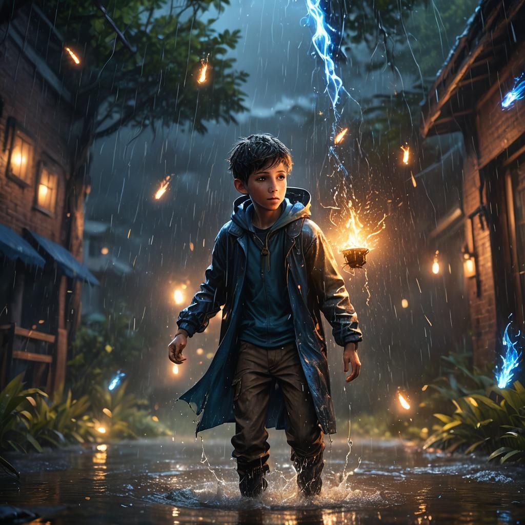 Boy in Rain with Glowing Fireflies