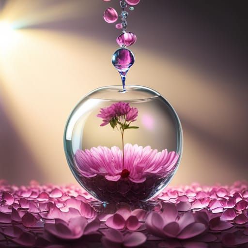 Crystal Apple with Pink Flowers in Water