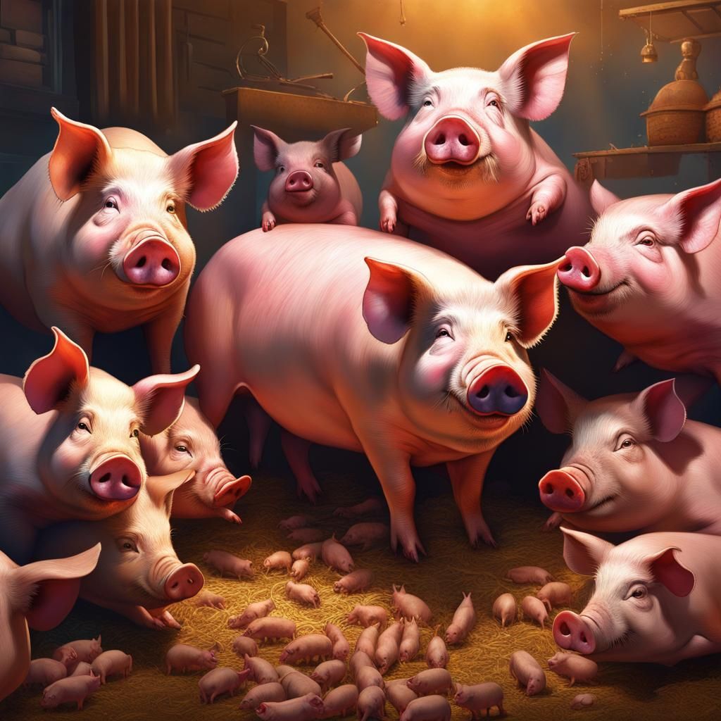 Hyperrealistic Pig Feast: A Colorful Concept Art