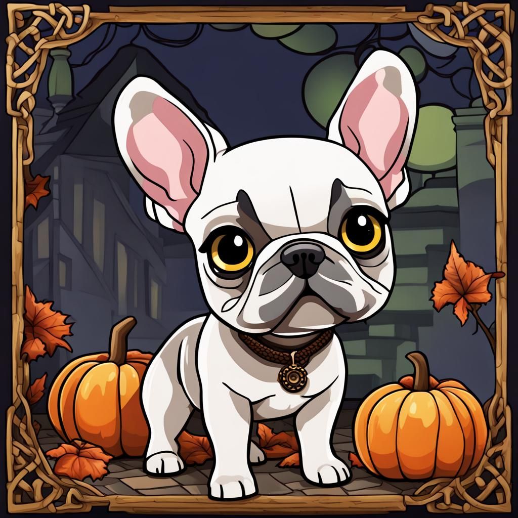 Cute Chibi French Bulldog Halloween Scene