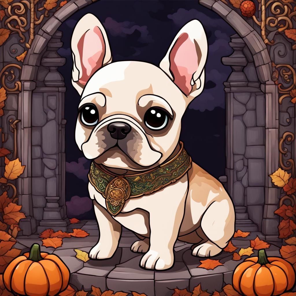 Cute French Bulldog Halloween Scene in Mosaic Style
