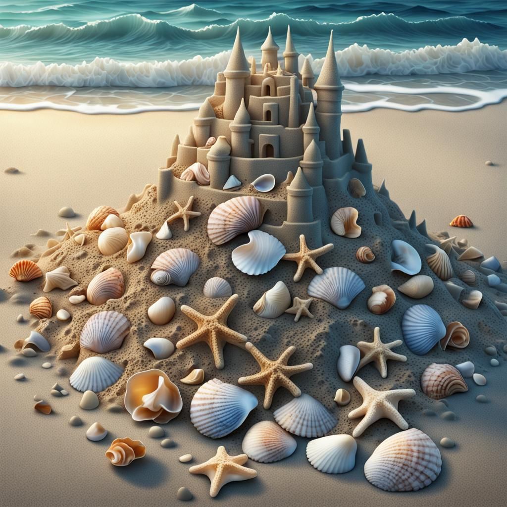 Detailed Seashell Sandcastle in Hyper-realistic Digital Art