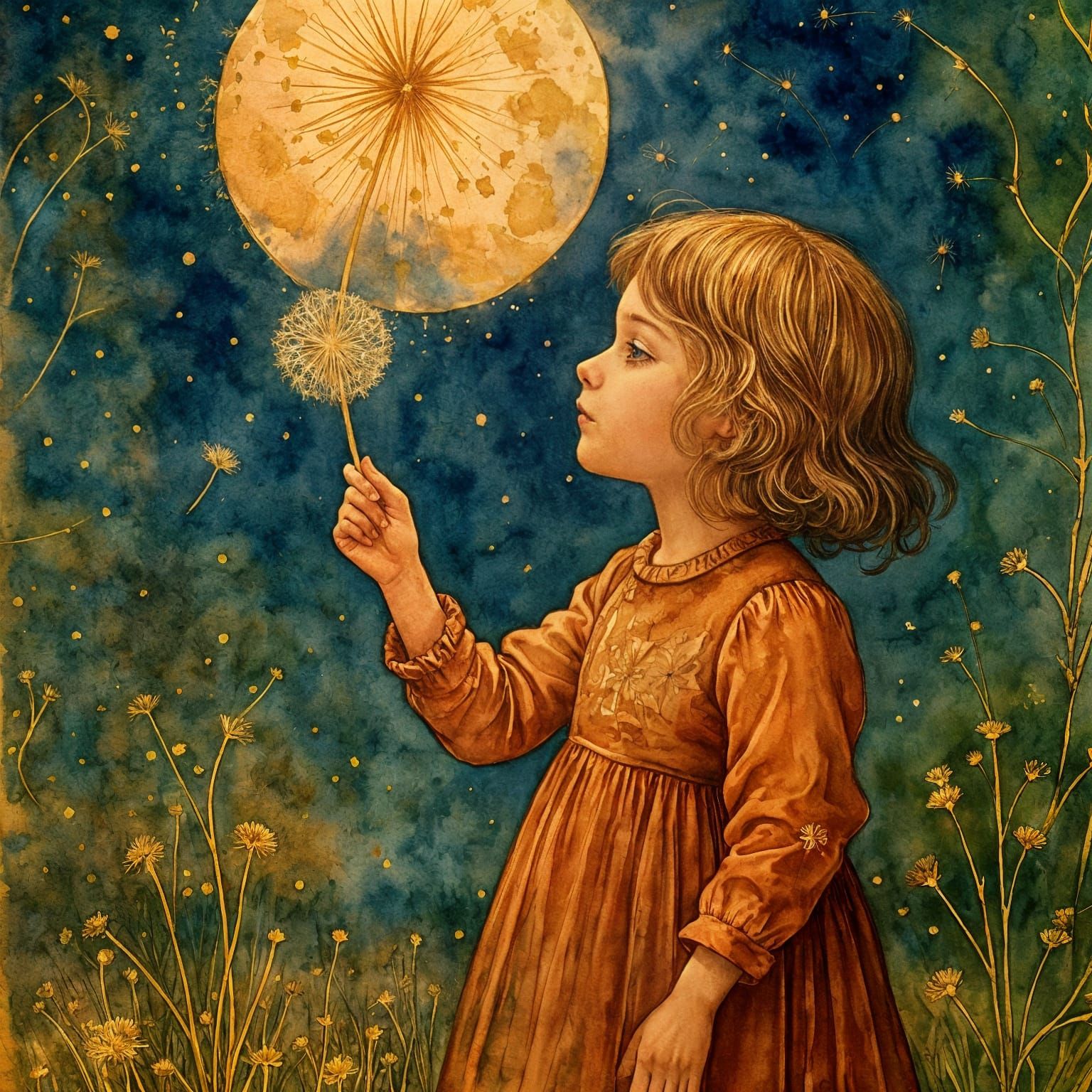 Whimsical Girl Holds Dandelion Moon in Golden Watercolor
