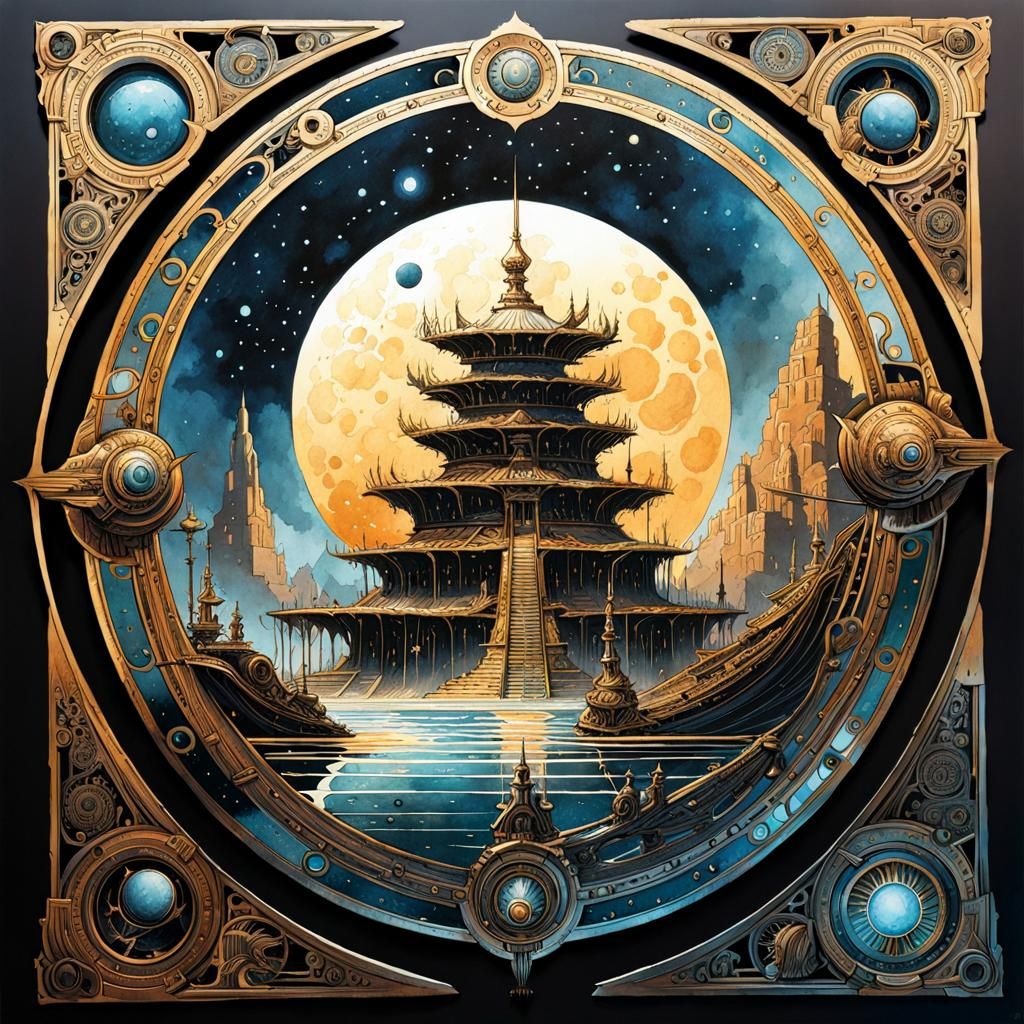 Intricate Astrolabe in Watercolor Comic Art Style