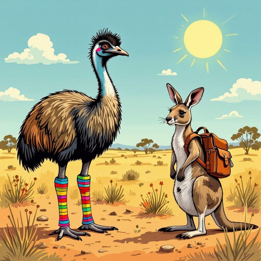 Emu in Leg Warmers & Kangaroo with Backpack in Outback