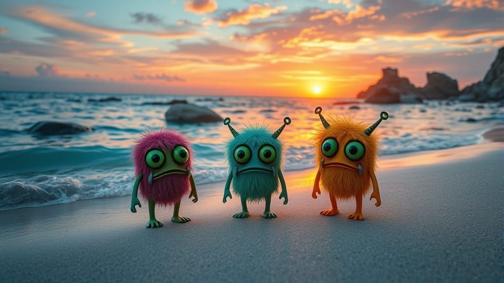 Sad Beach Monsters with Green Eyes at Sunset