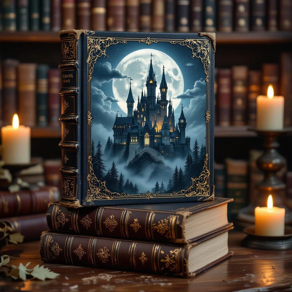 Gothic Castle Book Stack in Ethereal Fantasy Style